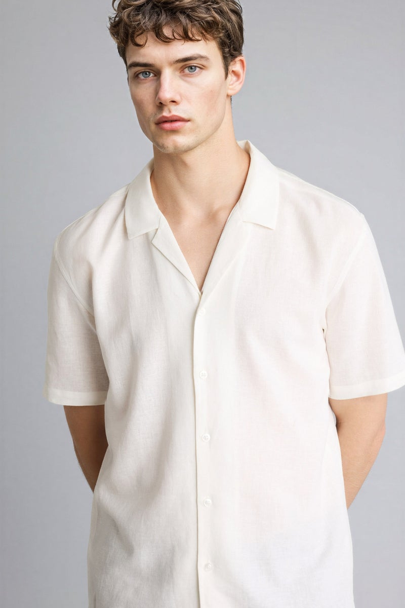 DeFacto Beige Man Polo Collar Linen Blend Short Sleeve Shirt Casual - Image 1