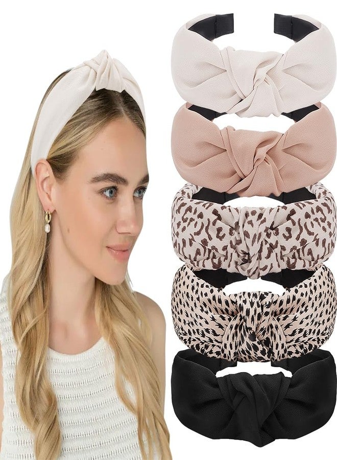 AHONEY 5 Pack Knotted Headbands for Women Trendy Fashion Thick Headbands Top Knot Non Slip Cute Hair Accessories Multi-style Headband Pack Diademas Para Mujer (Neutral) - Image 1