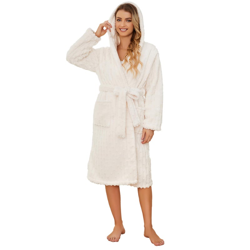 HEARTNICE Fuzzy Soft Robes for Women Long Plush Hooded Robe Fluffy Warm BathrobesOffWhiteSM