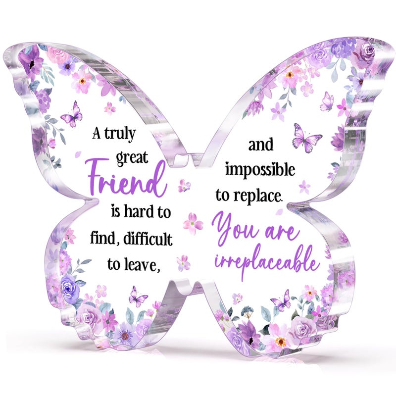 Glydein Friend Friendship Gifts for Women, Purple Butterfly Acrylic Plaque Desk Decor, Gifts for Friends Women Unique, Bestie Best Friendship Female Present, 5 x 3.8 x 0.5 inches - Image 1