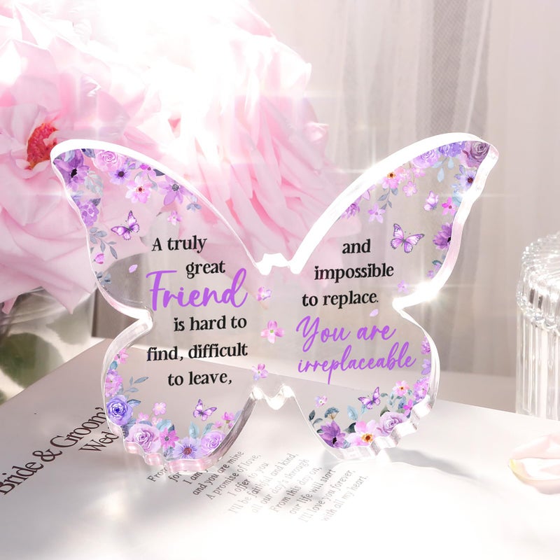 Glydein Friend Friendship Gifts for Women, Purple Butterfly Acrylic Plaque Desk Decor, Gifts for Friends Women Unique, Bestie Best Friendship Female Present, 5 x 3.8 x 0.5 inches - Image 5