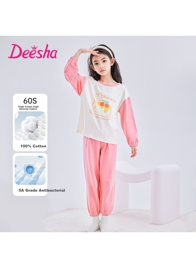 Deesha 60s High-count High-density Girls' Pure Cotton Homewear Long Sleeve Pajamas Pink Cake Rabbit 140 - Image 1