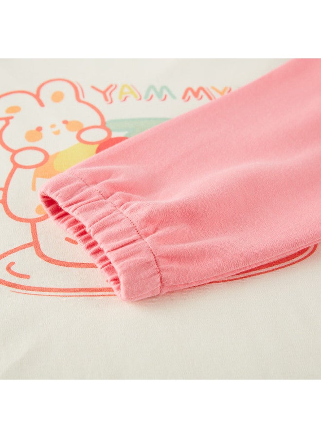 Deesha 60s High-count High-density Girls' Pure Cotton Homewear Long Sleeve Pajamas Pink Cake Rabbit 140 - Image 5