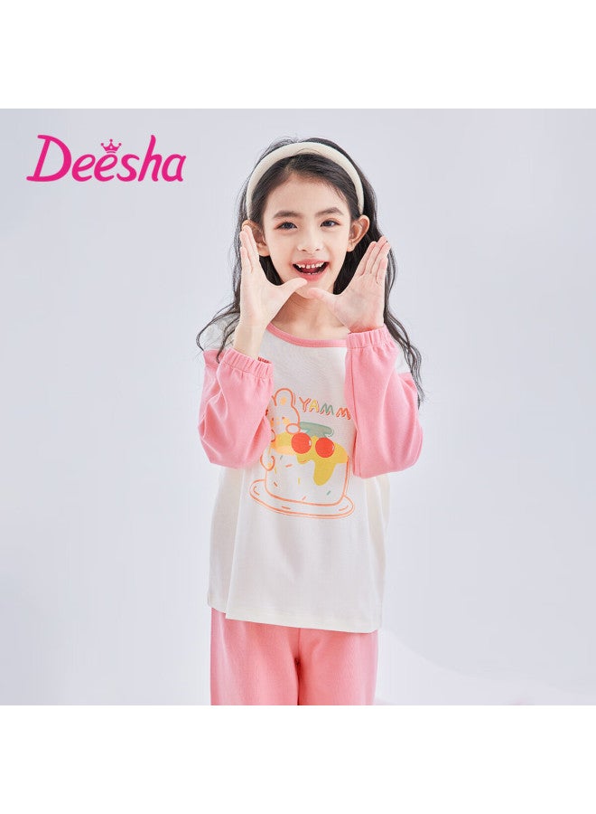 Deesha 60s High-count High-density Girls' Pure Cotton Homewear Long Sleeve Pajamas Pink Cake Rabbit 140 - Image 2