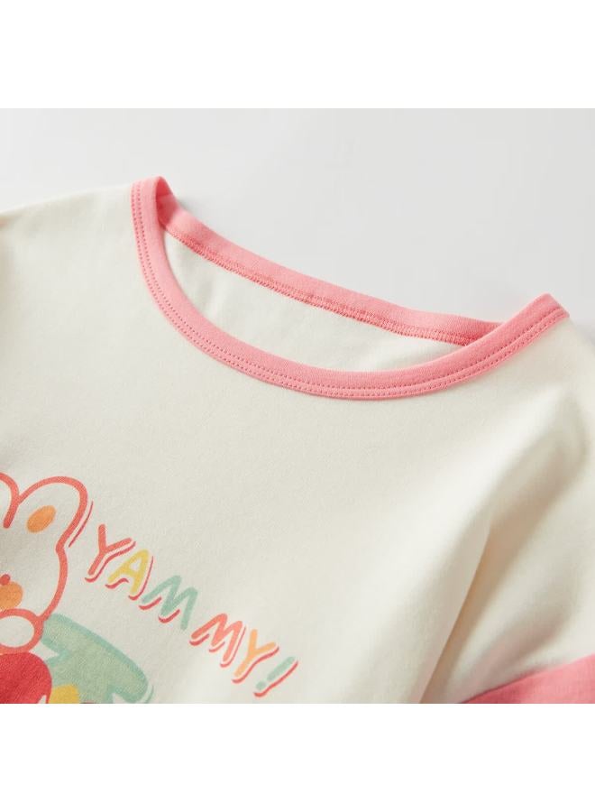 Deesha 60s High-count High-density Girls' Pure Cotton Homewear Long Sleeve Pajamas Pink Cake Rabbit 140 - Image 4