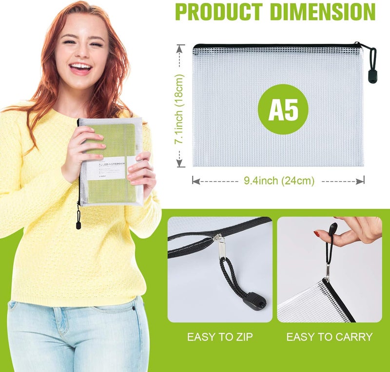 ASTEN 12 Pcs Plastic Mesh Zip File Bags, Waterproof Tear-Resistant Document File Folders, A5 Size Zipper Documents Pouch Document Organizer Bags for School Office Home Travel Storage(9.4×7.1Inch) - Image 3
