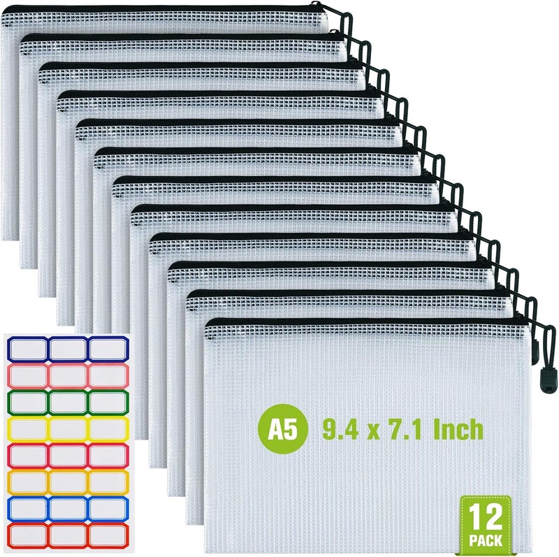 ASTEN 12 Pcs Plastic Mesh Zip File Bags, Waterproof Tear-Resistant Document File Folders, A5 Size Zipper Documents Pouch Document Organizer Bags for School Office Home Travel Storage(9.4×7.1Inch) - Image 1