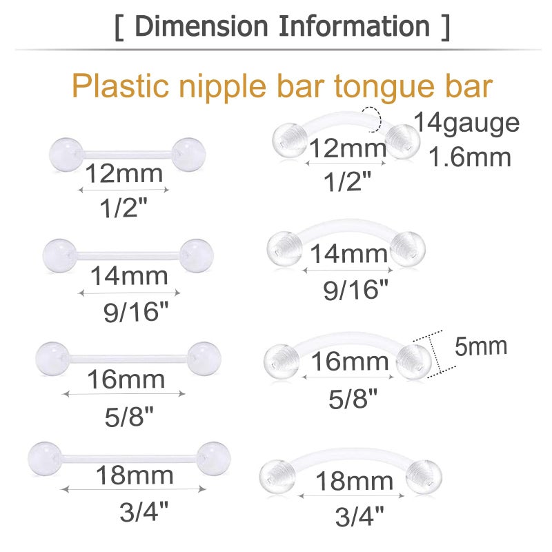 MODRSA 14G Clear Tongue Rings Plastic Nipple Ring for Surgery Work Flexible Curved Barbell Plastic Snake Eyes Tongue Rings 12-18mm Bar - Image 2