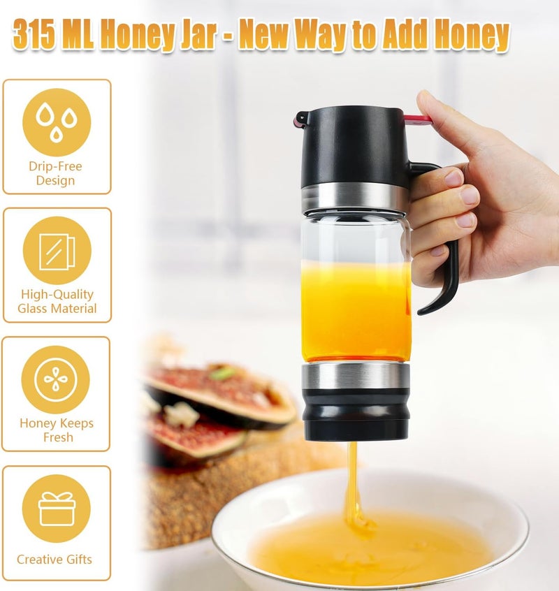 Ecopandy Honey Dispenser No Drip with Stand, 12 OZ Glass Honey Jar, Syrup Dispenser, Easy One Hand Use Honey Pot for Coffee or Tea, Mess Free Honey Dispenser for Syrup, Honey Container (2PCS Black) - Image 2