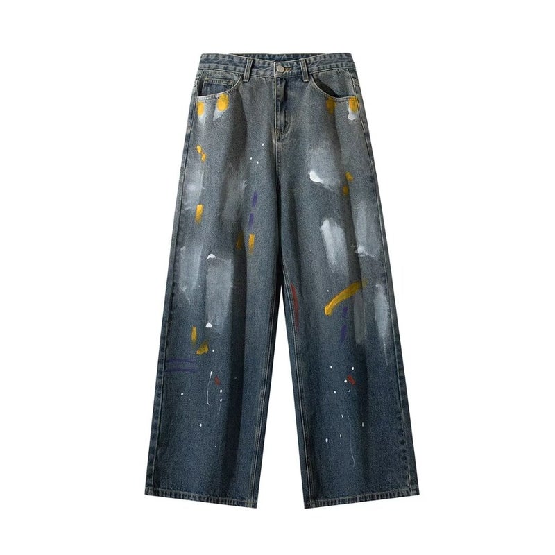 American Style Retro Elegant Graffiti Trendy Brand Black Jeans Mens New Design Sense Loose Slimming Splash Ink Mop Pants vintage blue  - Image 1