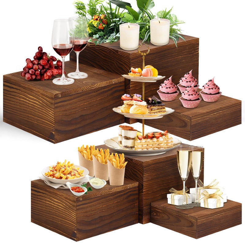 LEIFEOSH 6 Pack Wooden Risers Display Stands Rustic Wood Cake & Cupcake Stands for Party Square Food Risers for Buffet Wooden Crates for Display Home Decor - Image 1