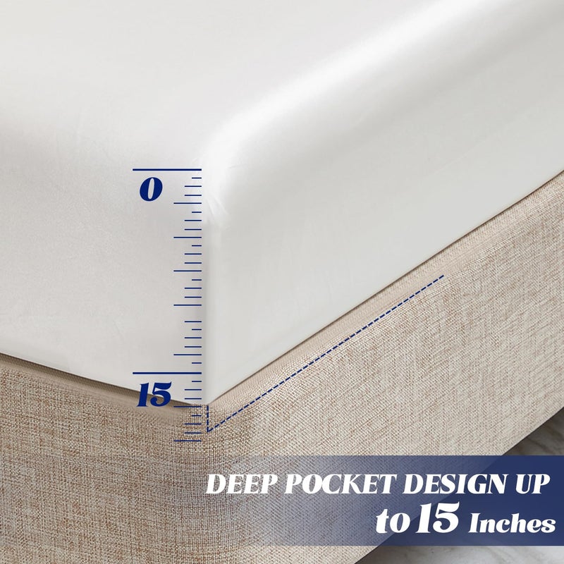 MR&HM MR&HM Satin Fitted Sheet Twin Size  Silky Bottom Sheet with Elastic Corner Straps  Deep Pocket up to 15 Inch  No More Slipping Off for Mattress - 1 Fitted Sheet Only (Ivory)  - Image 4
