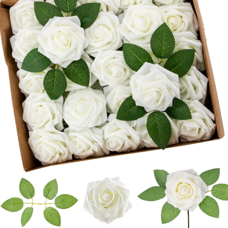 Cliselda 100Pcs Artificial Flowers Ivory White Fake Roses with Stems, Valentine's Day Gifts, Real Touch Foam Rose Bulk Faux Flowers for Decoration Centerpieces Flower Arrangements - Image 1