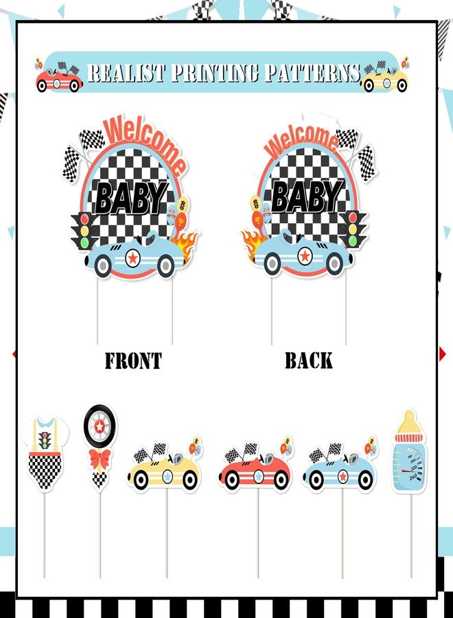 Balterever Vintage Race Car Baby Shower Cake Toppers (1pc Cake Topper, 24pcs Cupcake Toppers) - Silver - Race Car Baby Shower Decorations - Let's Go Racing Party Supplies - Image 5