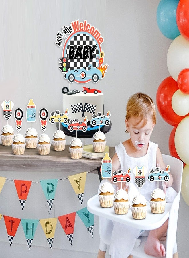 Balterever Vintage Race Car Baby Shower Cake Toppers (1pc Cake Topper, 24pcs Cupcake Toppers) - Silver - Race Car Baby Shower Decorations - Let's Go Racing Party Supplies - Image 3