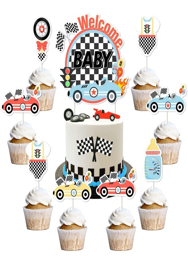 Balterever Vintage Race Car Baby Shower Cake Toppers (1pc Cake Topper, 24pcs Cupcake Toppers) - Silver - Race Car Baby Shower Decorations - Let's Go Racing Party Supplies - Image 1
