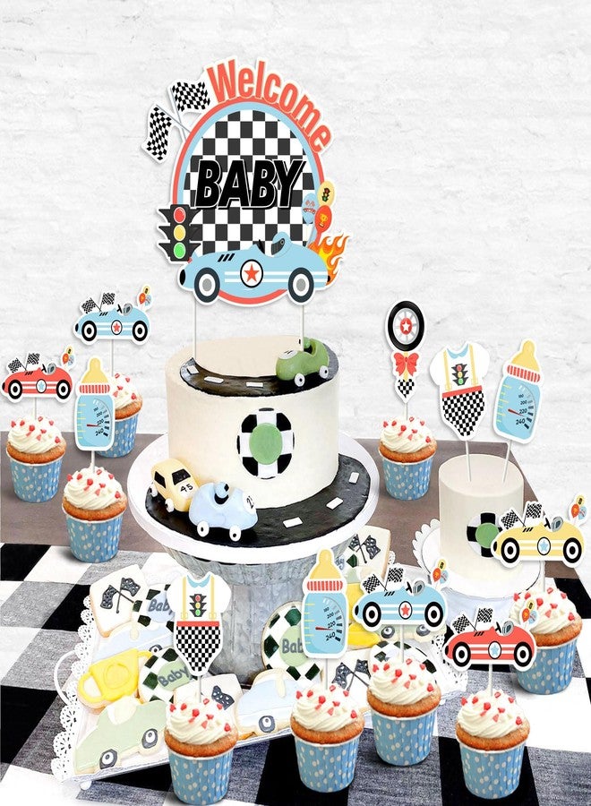 Balterever Vintage Race Car Baby Shower Cake Toppers (1pc Cake Topper, 24pcs Cupcake Toppers) - Silver - Race Car Baby Shower Decorations - Let's Go Racing Party Supplies - Image 2