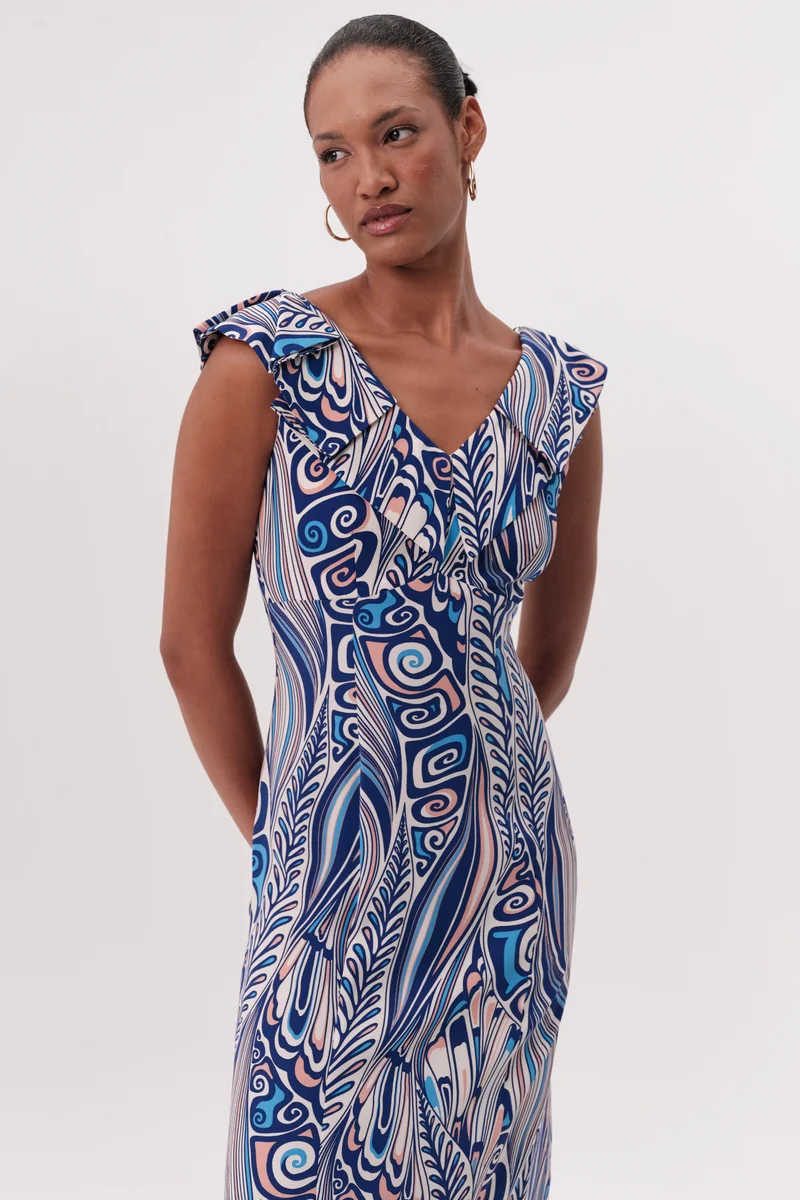 EXQUISE Sleeveless Midi Patterned Dress with Pleated Neckline Detail