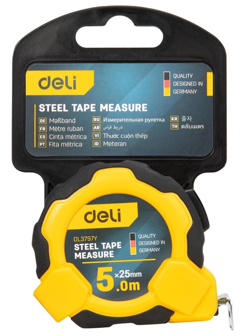 ديلي شريط قياس ذاتي القفل من Deli DL3797Y، مقاس 5 أمتار × 25 مم - Image 1