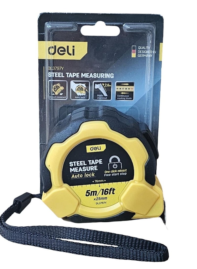 ديلي شريط قياس ذاتي القفل من Deli DL3797Y، مقاس 5 أمتار × 25 مم - Image 2
