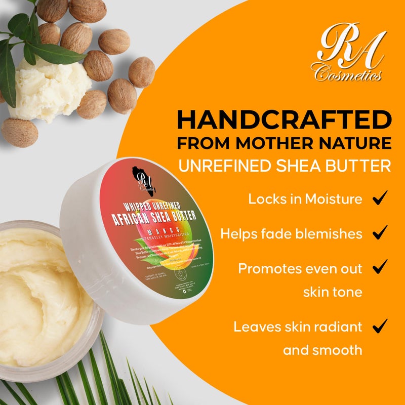 RA COSMETICS Whipped Shea Butter Mango - 100% Pure and Natural African Shea Butter - Ultimate Handcrafted Moisturizer with Essential Vitamins for Radiant Skin and Luscious Hair - 12oz Jar - Image 3
