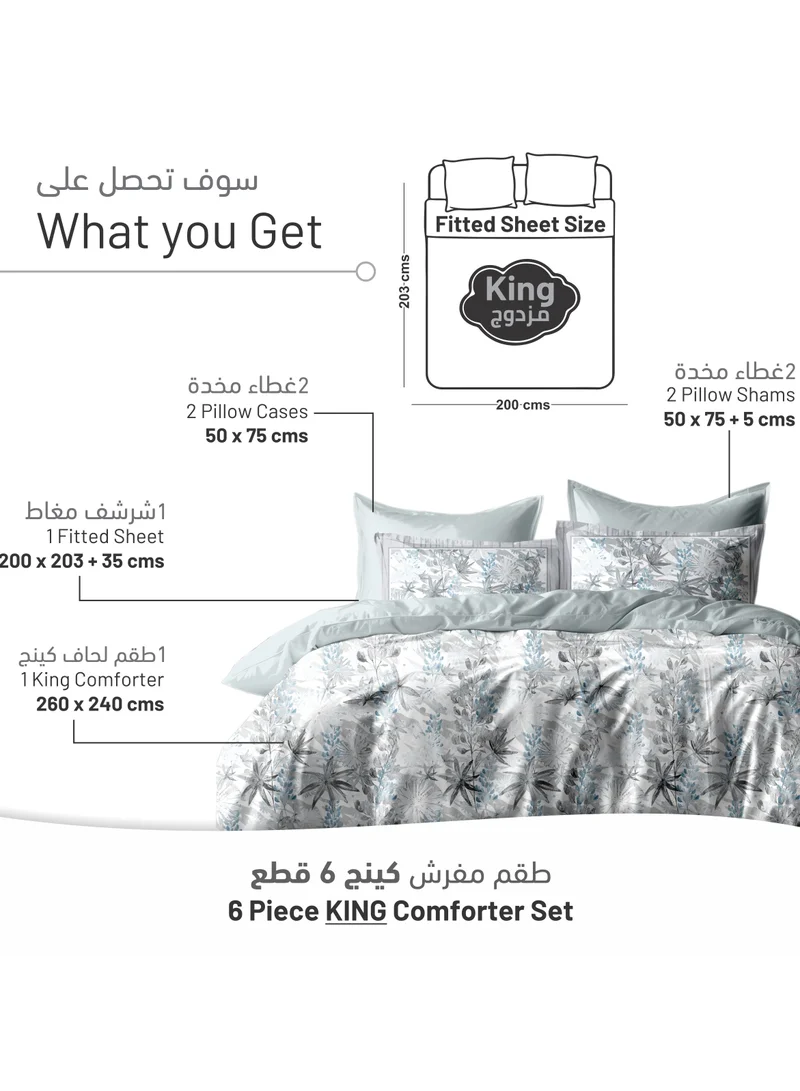 Donetella Comforter Set 6-Pcs King Size Printed Reversible Double Bed Ft 200 x 200 CM All Season Comforter With (350 GSM) Down Alternative Filling, Silver