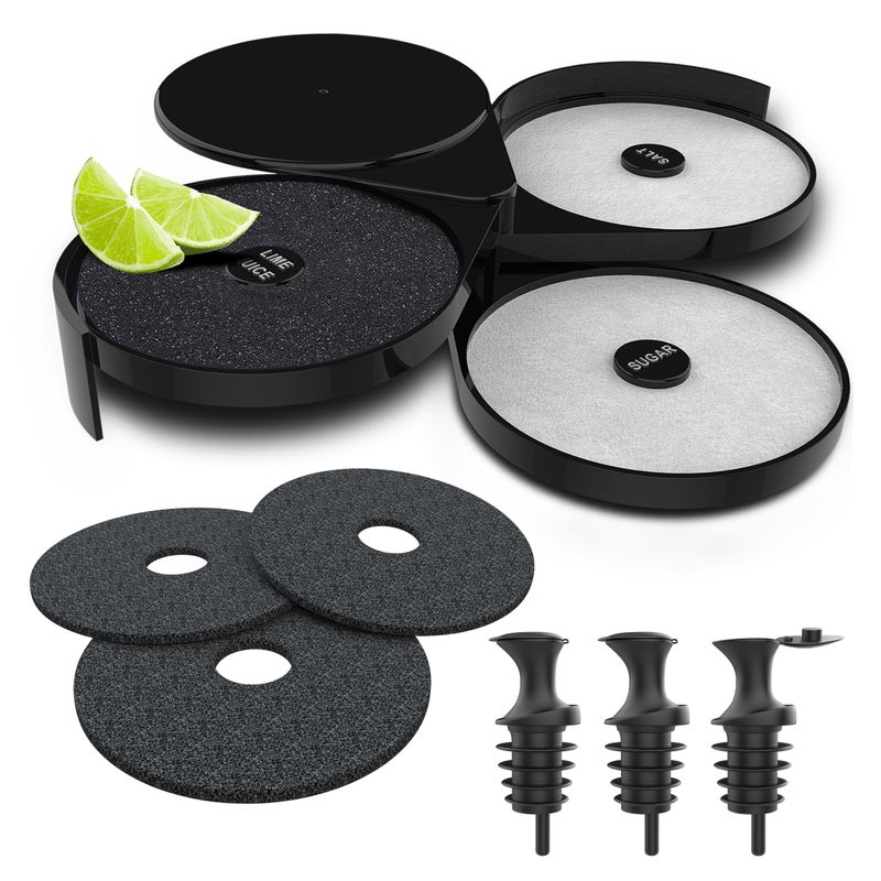 Esatto Glass Salt Rimmer 3 Tier for Margarita Tray and Cocktail Black with 2 Extra Sponges  3 Pourers  Apply Salt Sugar and Lime Juice for Better Drinks and Efficient Drink Preparation