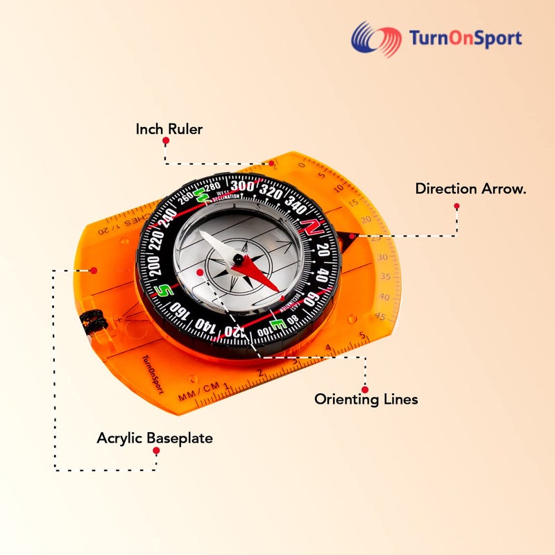 TurnOnSport بوصلة التوجيه - بوصلة للتنزه والتخييم - بوصلة متقدمة للكشافة للتخييم والملاحة - بوصلة للكشافة للأطفال - بوصلات للأطفال لقراءة الخرائط - بوصلة قاعدة للبقاء (برتقالي) - Image 3
