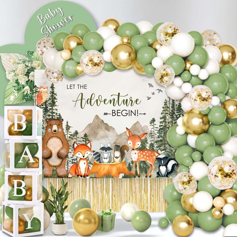 Andrain 140PCS Woodland Adventure Baby Shower Decorations, Let The Adventure Begin Mountain Baby Shower Supplies, Sage Green Balloon Garland Kit, BABY Boxes, Backdrop Banner - Image 1