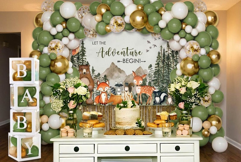 Andrain 140PCS Woodland Adventure Baby Shower Decorations, Let The Adventure Begin Mountain Baby Shower Supplies, Sage Green Balloon Garland Kit, BABY Boxes, Backdrop Banner - Image 4