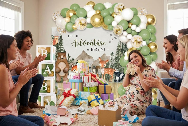 Andrain 140PCS Woodland Adventure Baby Shower Decorations, Let The Adventure Begin Mountain Baby Shower Supplies, Sage Green Balloon Garland Kit, BABY Boxes, Backdrop Banner - Image 3