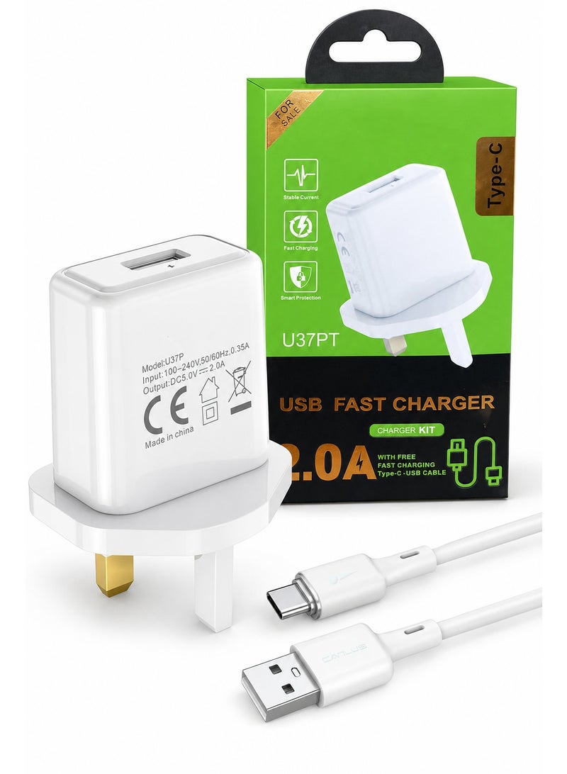 طقم شاحن USB سريع بقوة 2.0 أمبير مع كابل Type-C بطول 1 متر، محول حائط بفيشة بريطانية ثلاثية، منفذ USB واحد للأجهزة والهواتف - Image 1