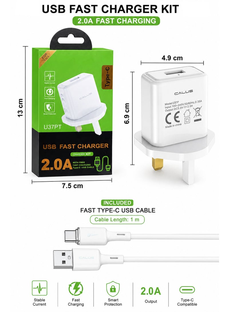 طقم شاحن USB سريع بقوة 2.0 أمبير مع كابل Type-C بطول 1 متر، محول حائط بفيشة بريطانية ثلاثية، منفذ USB واحد للأجهزة والهواتف - Image 3