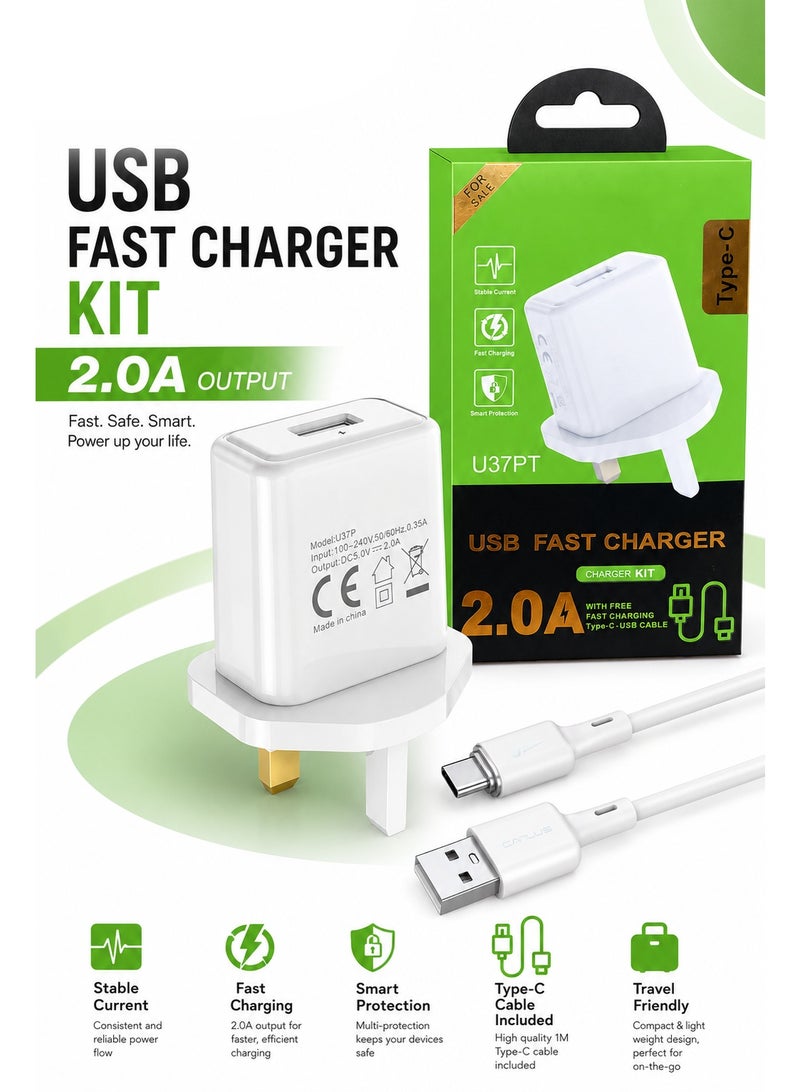 طقم شاحن USB سريع بقوة 2.0 أمبير مع كابل Type-C بطول 1 متر، محول حائط بفيشة بريطانية ثلاثية، منفذ USB واحد للأجهزة والهواتف - Image 2