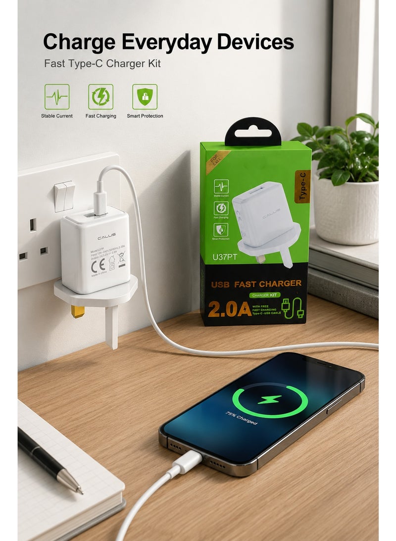 طقم شاحن USB سريع بقوة 2.0 أمبير مع كابل Type-C بطول 1 متر، محول حائط بفيشة بريطانية ثلاثية، منفذ USB واحد للأجهزة والهواتف - Image 4