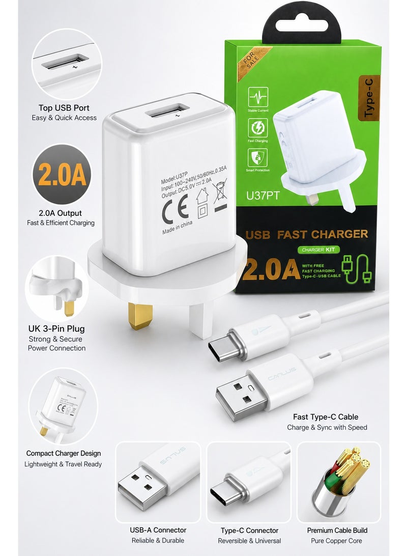 طقم شاحن USB سريع بقوة 2.0 أمبير مع كابل Type-C بطول 1 متر، محول حائط بفيشة بريطانية ثلاثية، منفذ USB واحد للأجهزة والهواتف - Image 5