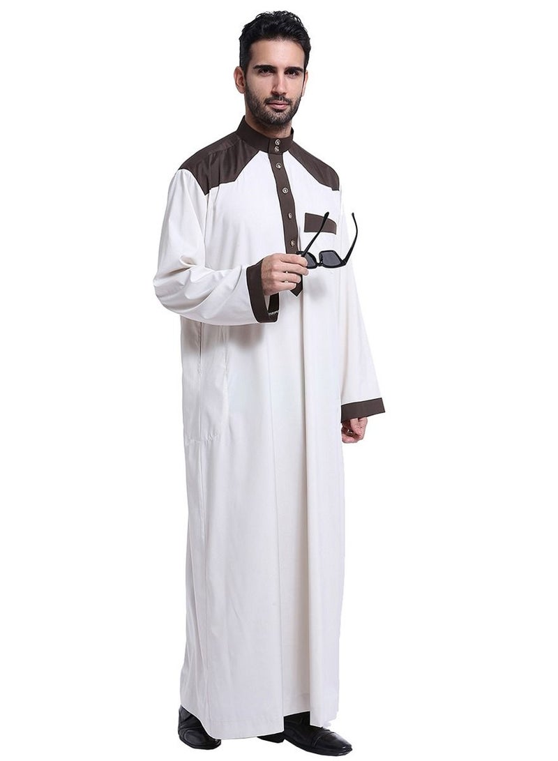 إسكدنيا Men's Stand Collar Long Sleeve Casual Kandora Islamic Arabic Kaftan Thobe Ivory/Coffee  - Image 1