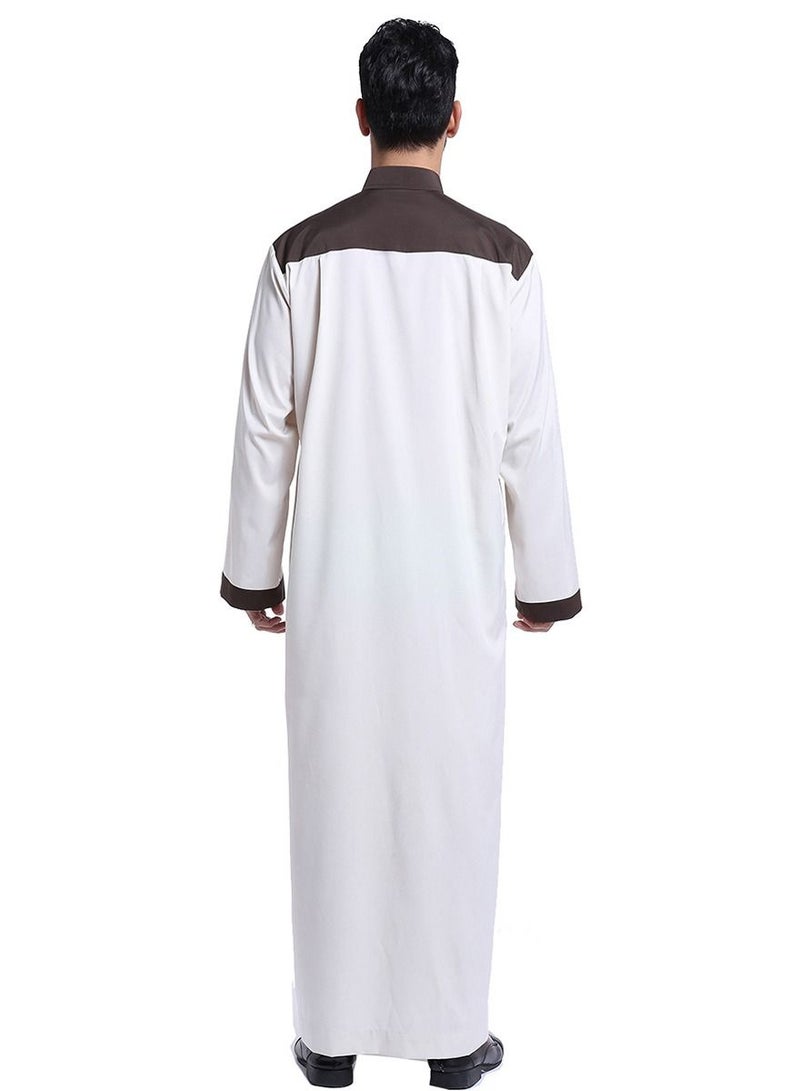 إسكدنيا Men's Stand Collar Long Sleeve Casual Kandora Islamic Arabic Kaftan Thobe Ivory/Coffee  - Image 2