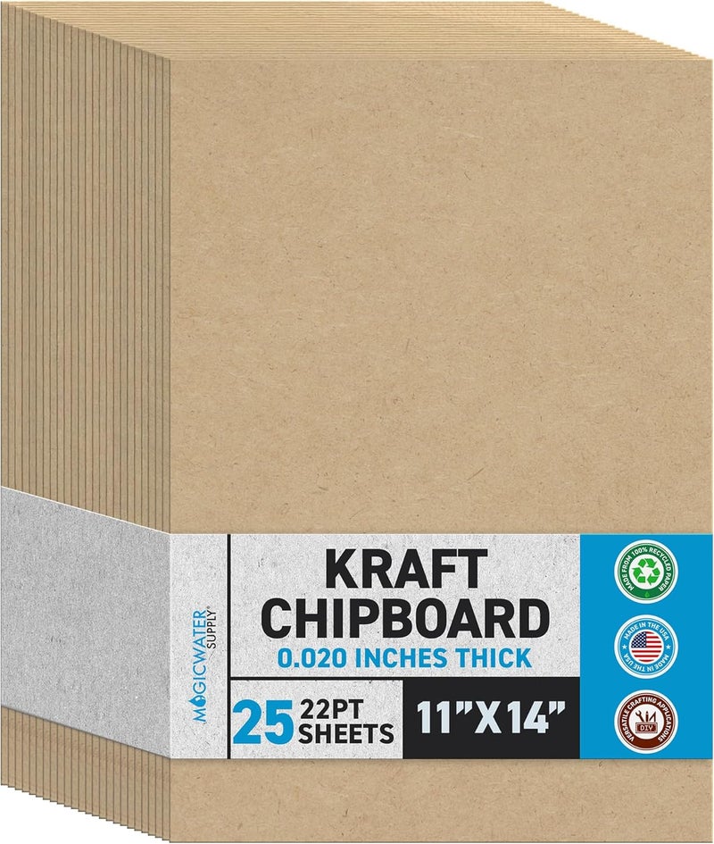 MagicWater Supply MagicWater Chipboard Sheet for DIY Projects - 11x14 Inch - 25 Pack - 22 pt - Heavy Duty Kraft (0.020 Inch Thick) Paperboard, for Scrapbooking, Books, Picture Frame Backing, Arts Project & Crafts - Image 1