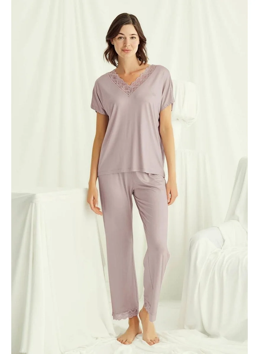 Monamise 18486 Women's V-Neck Short Sleeve Pajama Set-Mink