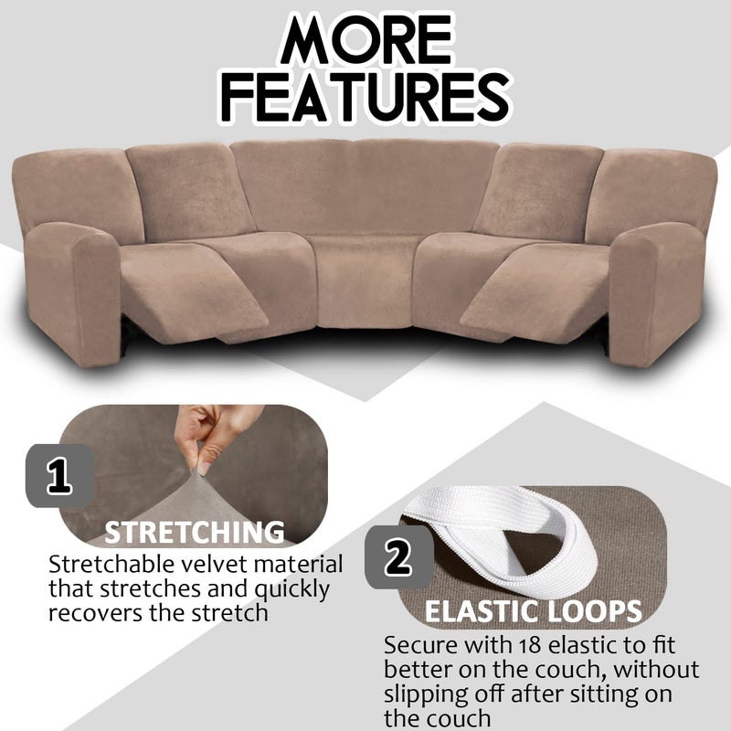 ULTICOR 7-Piece L Shape Sectional Recliner Sofa Covers, Velvet Stretch Reclining Couch Covers, Thick, Soft, Washable (Taupe, 5 Seat Recliner Cover) - Image 4