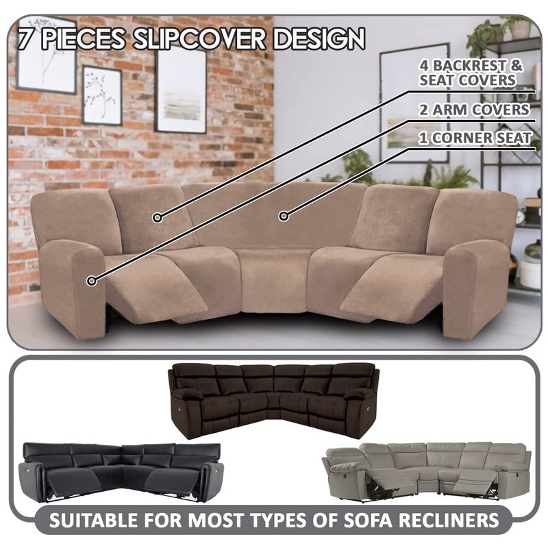 ULTICOR 7-Piece L Shape Sectional Recliner Sofa Covers, Velvet Stretch Reclining Couch Covers, Thick, Soft, Washable (Taupe, 5 Seat Recliner Cover) - Image 2