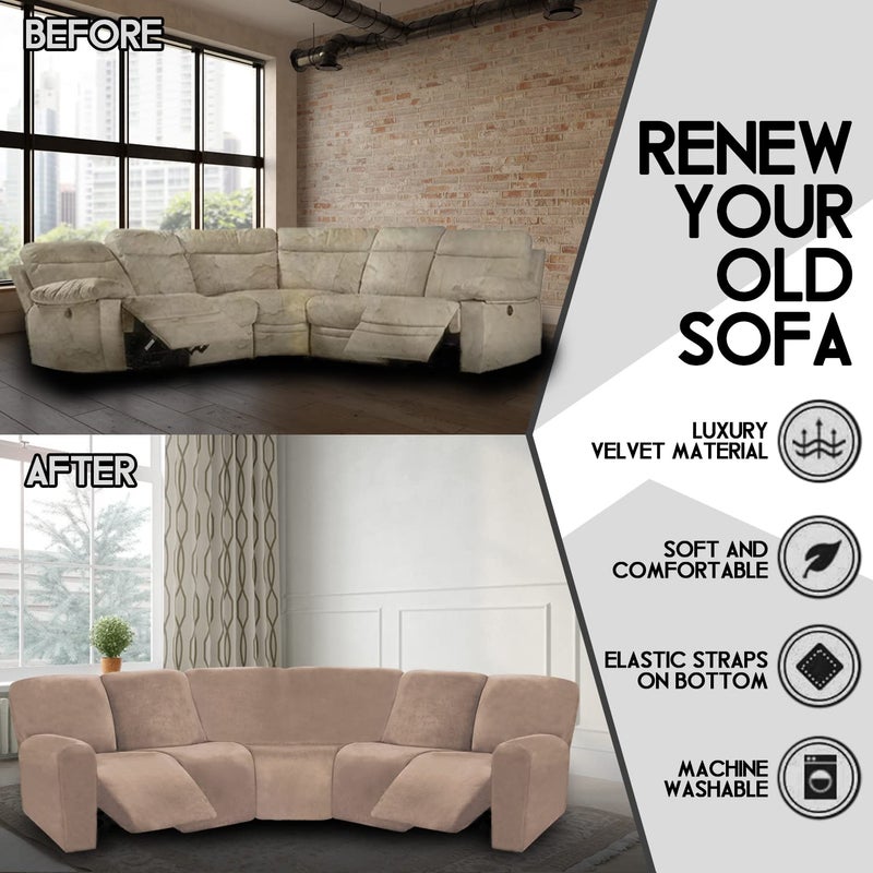 ULTICOR 7-Piece L Shape Sectional Recliner Sofa Covers, Velvet Stretch Reclining Couch Covers, Thick, Soft, Washable (Taupe, 5 Seat Recliner Cover) - Image 3