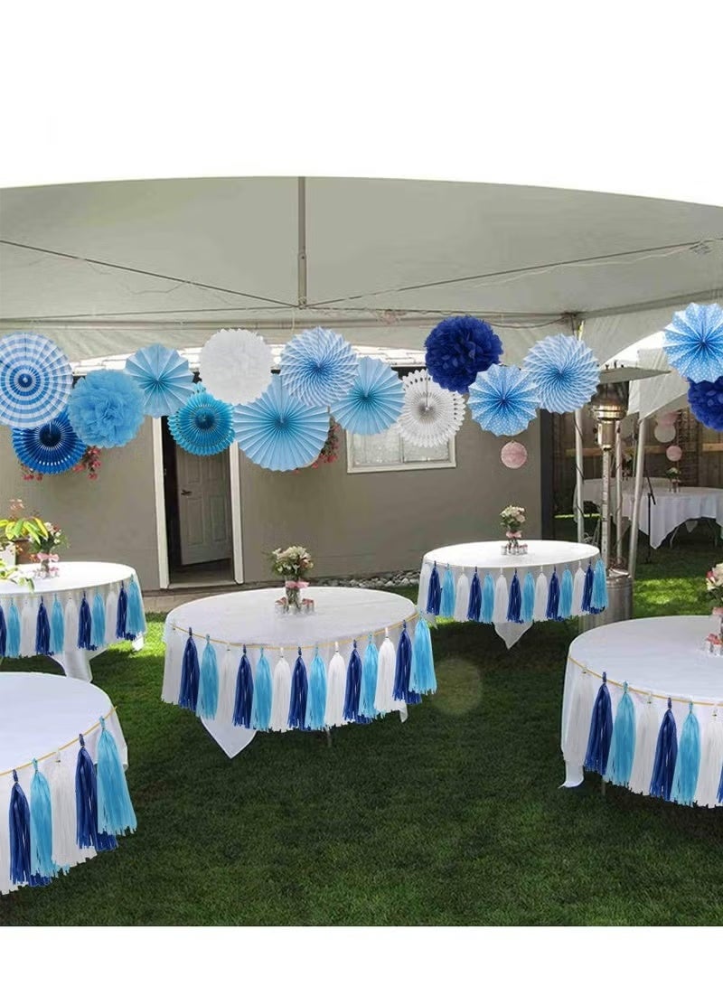 GIFT Blue Party Decorations Hanging Paper Fans Pom Poms Flowers Tissue Tassel Garland for Elephant Shark Theme Kids Birthday Baby Shower Graduation - Image 4