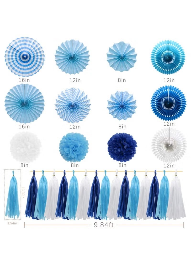 GIFT Blue Party Decorations Hanging Paper Fans Pom Poms Flowers Tissue Tassel Garland for Elephant Shark Theme Kids Birthday Baby Shower Graduation - Image 2