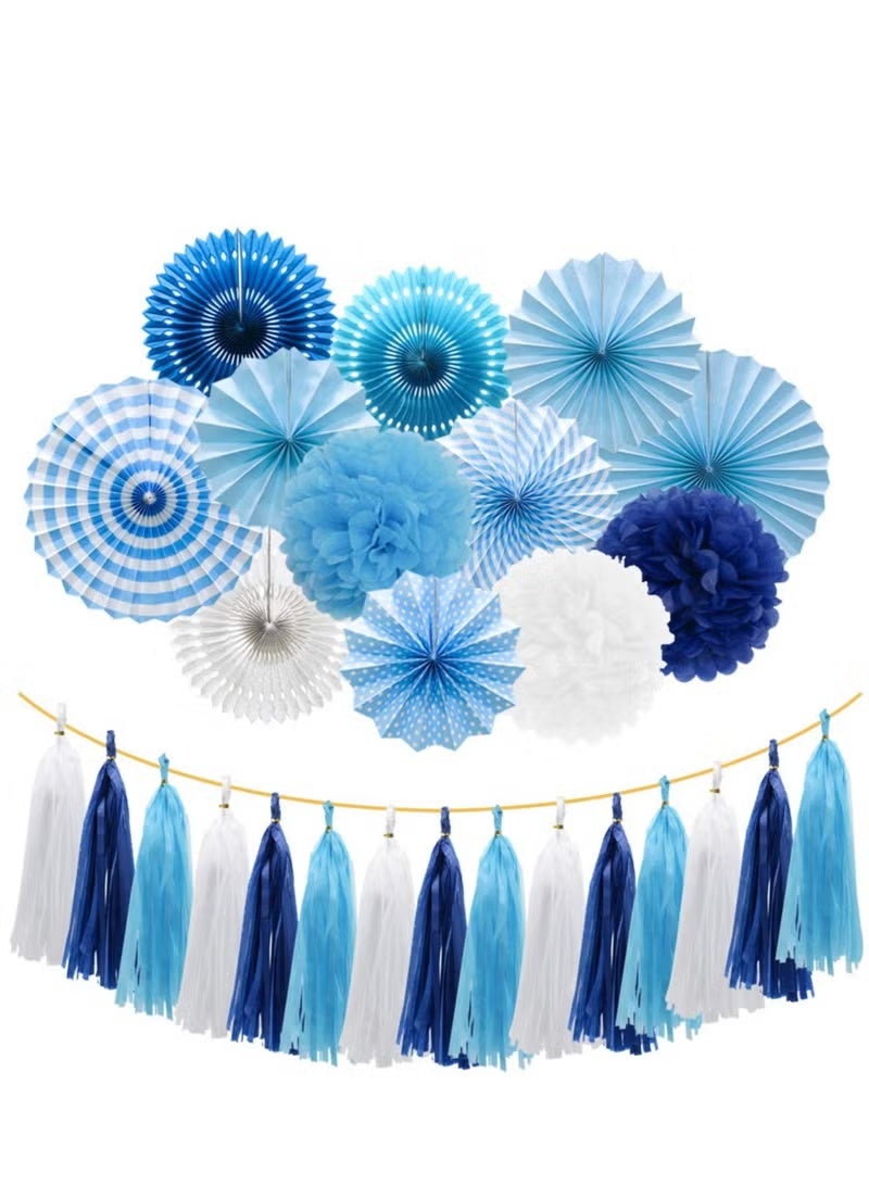 GIFT Blue Party Decorations Hanging Paper Fans Pom Poms Flowers Tissue Tassel Garland for Elephant Shark Theme Kids Birthday Baby Shower Graduation - Image 1
