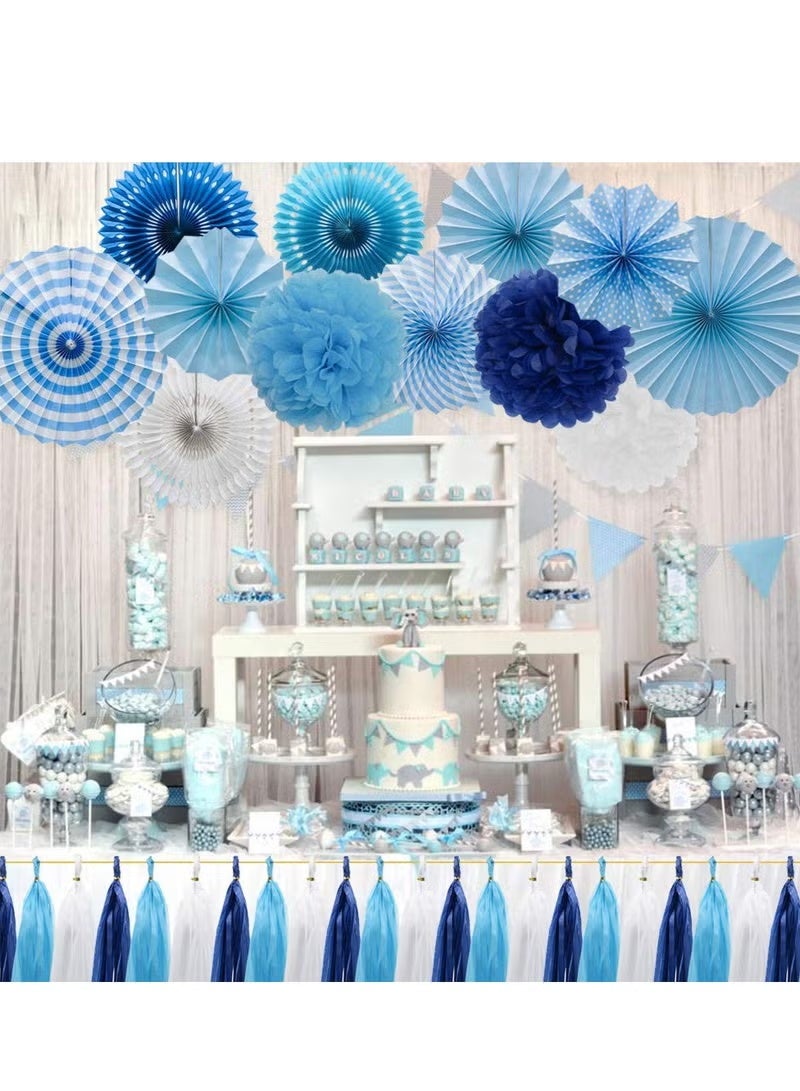 GIFT Blue Party Decorations Hanging Paper Fans Pom Poms Flowers Tissue Tassel Garland for Elephant Shark Theme Kids Birthday Baby Shower Graduation - Image 5