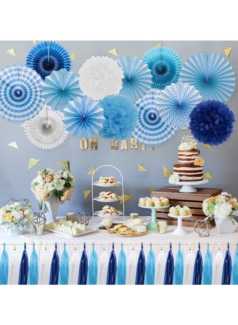 GIFT Blue Party Decorations Hanging Paper Fans Pom Poms Flowers Tissue Tassel Garland for Elephant Shark Theme Kids Birthday Baby Shower Graduation - Image 3