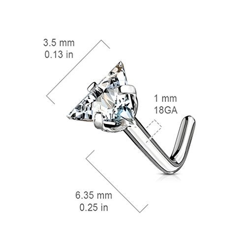 FIFTH CUE Triangle CZ Top 316L Surgical Steel L Bend Stud Nose Ring (18G | 1/4" (6mm) | 3.5mm) - Image 2