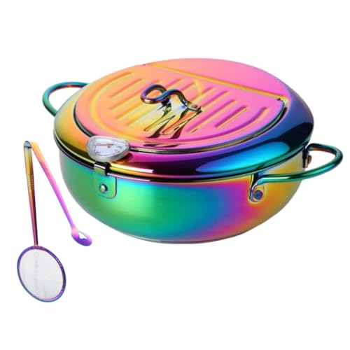 BOOTLION Stainless Steel Deep Fryer for Home, 115Oz Tempura Fryer Pot w/Thermometer and Oil Drip Rack Lid, Japanese Style Deep Frying Pan w/Strainer Clip, for Tempura chips, Fish, and Chicken (Rainbow Color) - Image 1